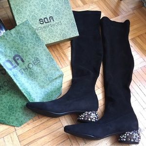 NIB SQA faux suede soft black thigh high bedazzled heel boots sz 39